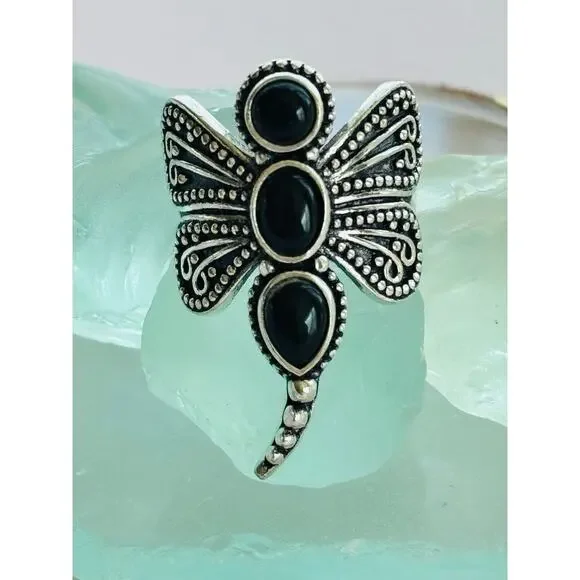 925 Sterling Black Onyx Dragonfly Ring - Picture 1 of 6